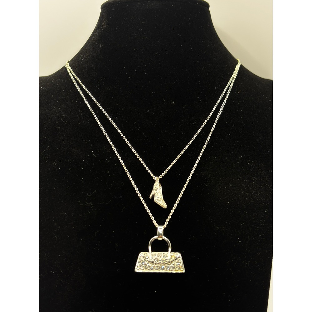 Social Gallery Silver Tone Layer Necklace Rhinestone Heel and Handbag Charms 16"